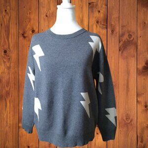 Floleo Women's Medium? Zig Zag Lightning Bolt Pullover Sweater Gray/White
